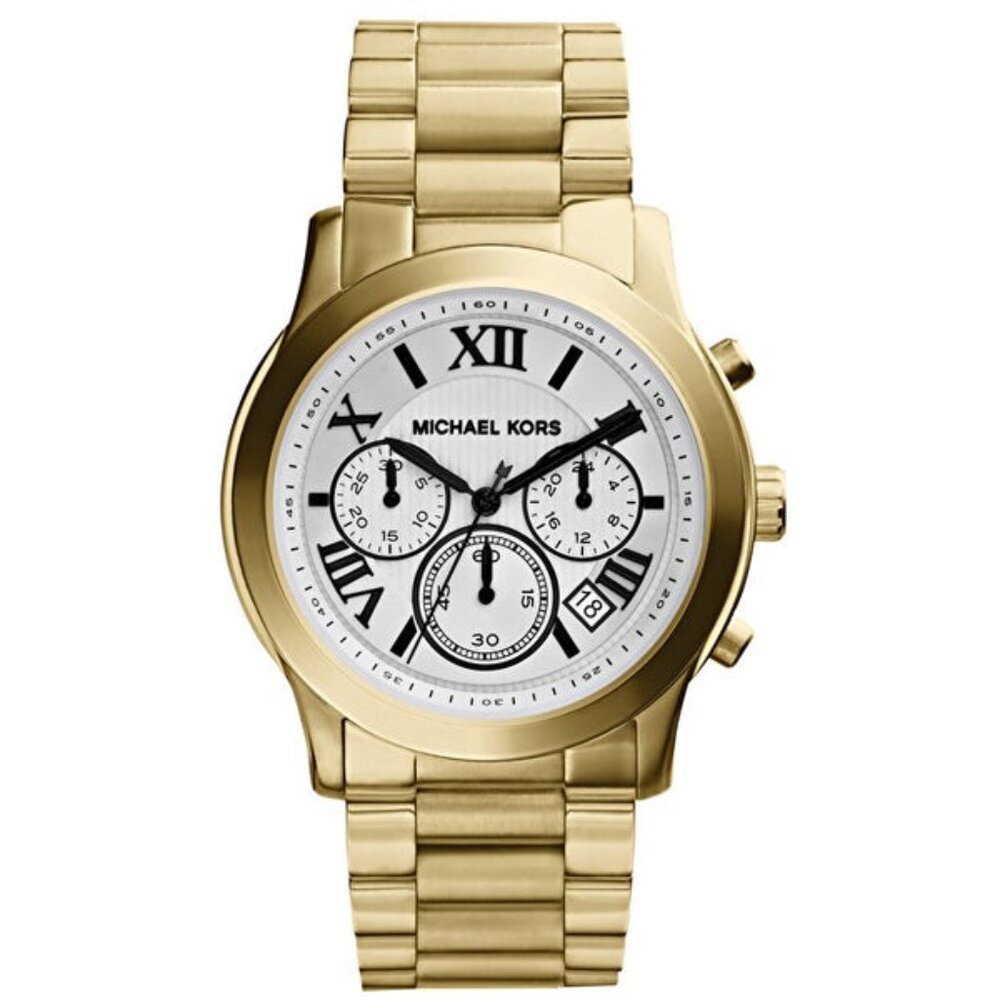 Michael Kors Cooper Gold Tone Stainless Steel Watch White Face Black MK5916 EUC